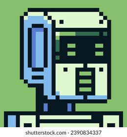 Robot head pixel art cartoon character avatar profile picture, futuristic cyborg. Flat style. Game assets. 8-bit. Vector background. Design for logo, sticker, app.