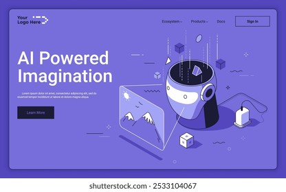 Robot head projecting landscape picture on purple background. AI powered imagination isometric landing page template. Generative images for business and hobby 3d vector illustration for web page