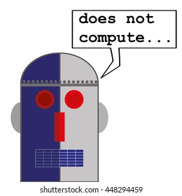 Robot head in a retro style with a speech bubble that says Does Not Compute as a metaphor for computer malfunctions or problems
