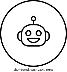 Robot head, robotic, smile,  in circle black and white outline button, line icon vector illustration