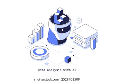 Robot head with servers blocks and various diagrams. Data analysis with AI concept isometric vector illustration. Futuristic technology of information processing cartoon character composition