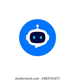 Robot head with speech bubble in blue circle on white background. Chat Bot logo design concept. Cute robot icon with speech bubble. Support service bot. Vector illustration