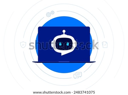 Robot head with speech bubble in laptop screen. Chatbot concept. Online communication with Chat Bot at laptop. Artificial customer support assistant. Vector illustration