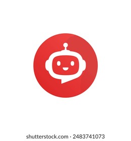 Robot head with speech bubble in red circle on white background. Chat Bot logo design concept. Cute robot icon with speech bubble. Support service bot. Vector illustration