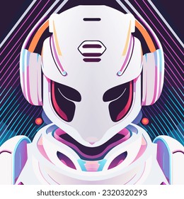 Ilustración del vector de la cabeza robótica. Ciborg futurista con auriculares.