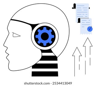 Robot head with visible gears symbolizing technology. Documents with a checkmark and upward arrows. Ideal for technology innovation automation AI machine learning research futuristic design. Simple