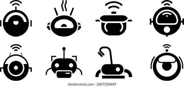Robot heads, smart home devices, IoT icons, black and white illustration