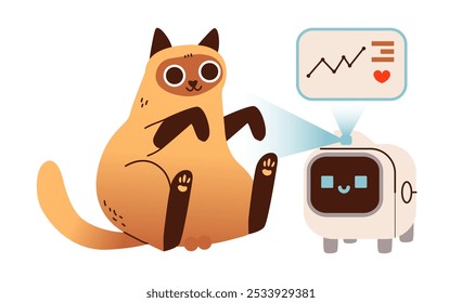 Robot health scanner for pets. Tracking cat health. Flat vector illustration.