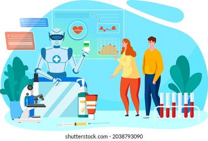 Roboter-Gesundheitstechnologie-Konzept, Vektorgrafik, Arzt künstlichen Geist geben flachen Mann Frau Patient Charakter Medizin Pillen im modernen Krankenhaus.