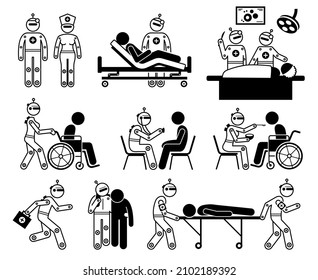 Robot healthcare worker and humanoid robotic caregiver. Vector illustrations of robot cyborg doctor, nurse, surgeon, caregiver, and paramedic.