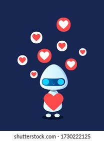 
Robot with a heart in his hands and over his head in a cartoon style. Like notification. Vector stock illustration.