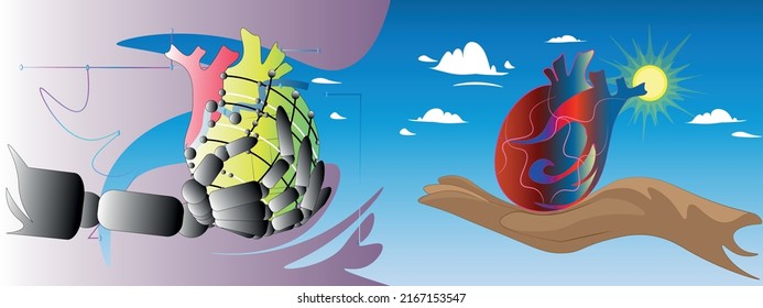 robot heart and a human heart. The human heart creates the world and creates beauty and life itself.  Technology is only as an assistant on the path of development. Game, books, mind, medicine, future