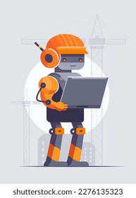 robot in a helmet with a laptop replaced builder, automation, artificial intelligence, technology, flat vector illustration