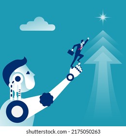 Robot help man. Businessmen and robot. Vector illustration flat style design. Symbol of working together, cooperation, partnership. Business concept. Teamwork metaphor. 