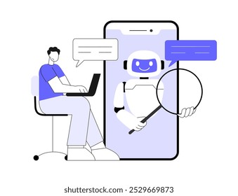 Roboter helfen dem Menschen bei der Arbeit. Bot auf Smartphone mit Lupe sucht nach Informationen. Flache Vektorgrafik.