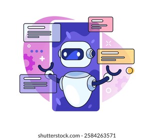 Robot at helpdesk, isolated chatbot helping clients. Vector business aid, technology with artificial intelligence and ability to communicate with customers. Machine learning and development
