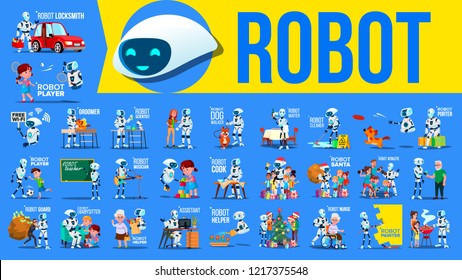 Robot Helper Set Vector. Future Lifestyle Situations. Working, Communicating Together. Cyborg, AI Futuristic Humanoid Character. Artificial Intelligence. Web Design. Robotic Technology Illustration