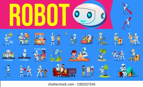 Robot Helper Set Vector. Future Lifestyle Situations. Working, Communicating Together. Cyborg, AI Futuristic Humanoid Character. Artificial Intelligence. RPA Robotic Progress.  Illustration