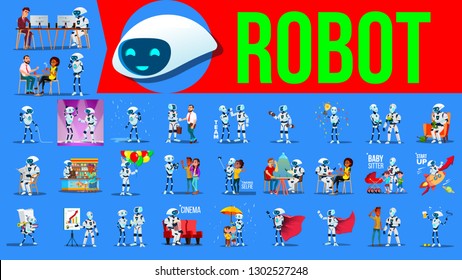 Robot Helper Set Vector. Future Lifestyle Situations. Working, Communicating Together. Cyborg, AI Futuristic Humanoid Character. Artificial Intelligence. RPA Robotic Progress.  Illustration