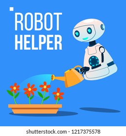 Robot Helper Watering Flowers In The Garden Vector. Isolated Illustration
