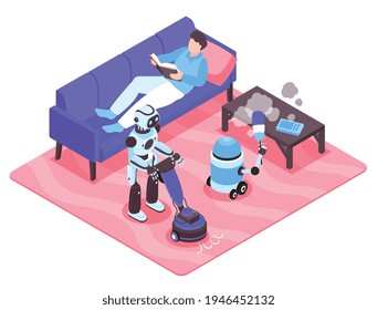 Robot helpers hoovering and dusting while man reading book on sofa isometric vector illustration