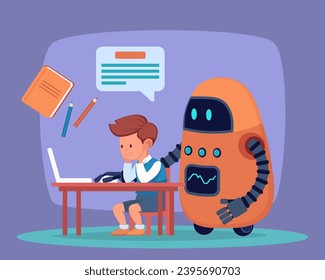 Robot helping boy with school assignment vector illustration. Little boy sitting at desk, educational robot showing him how to solve task using computer. Education, AI concept