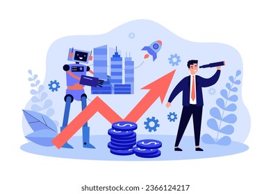 Robot helping build and develop city vector illustration. Businessman looking in spyglass, profit charts of technology companies rising. Artificial intelligence at work, robotics, business concept