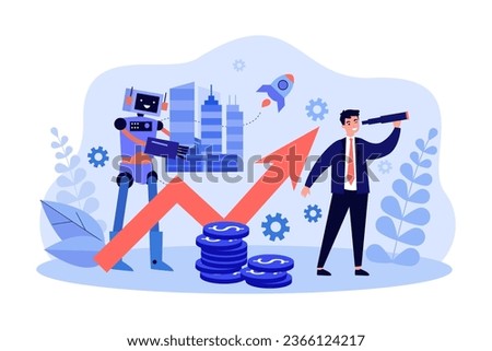 Robot helping build and develop city vector illustration. Businessman looking in spyglass, profit charts of technology companies rising. Artificial intelligence at work, robotics, business concept