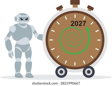 Robot helping a businessman roll a giant 2027 clock timer vector illustration