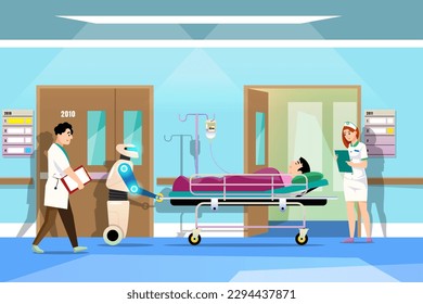 A robot helping doctors and nurses to push patients' beds to the recovery room. Assist in moving in the hospital. Technology in caring for patients and the disabled.