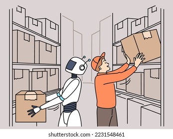 Robot helping male employee working in warehouse with boxes. Virtual robotic assistant and man worker cooperate in depo rot storehouse. Technology in life. Vector illustration. 