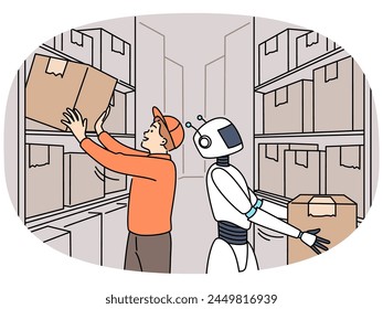 Robot helping male employee working in warehouse with boxes. Virtual robotic assistant and man worker cooperate in depo rot storehouse. Technology in life. Vector illustration.