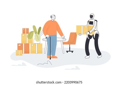 Robot Helping Old Man Flat Vector Illustration. Cyborg Moving Cardboard Boxes. Assistance, Help, Support, Machine, Artificial Intelligence Concept For Banner, Website Design Or Landing Web Page