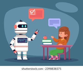 Robot helping school girl in studying. Vector illustration. Girl sitting at desk in classroom, robot explaining rules to her. Speech bubbles on background. Modern technology in education concept