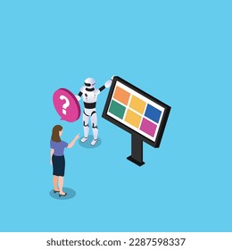 Robot helping woman answering questions 3d isometric vector illustration concept for banner, website, landing page, ads, flyer template