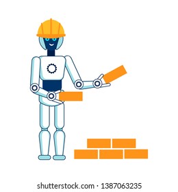 Robot Helps in Building House Flat Illustration. Cyber Bricklayer Hard Hat, Safety Helmet Isolated Character. Humanoid Facilitating in Physical Labor. Computerized Construction Worker