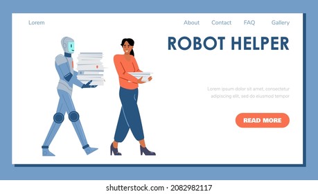 Robot helps business woman to carry documents in the office, landing page template - flat vector illustration. Concept of futuristic employment of robots and artificial intelligence.