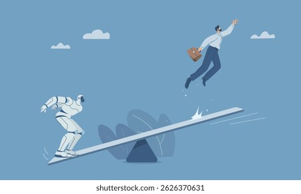 Robot ajuda o homem de negócios a saltar alto na gangorra, inteligência artificial apoia e ajuda os negócios a ter sucesso, Humano com tecnologia de automação de IA. Ilustração de design de vetor plano.
