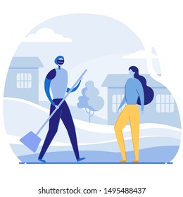 The robot helps to clean the street. The girl controls the execution process. New technologies of the future in daily responsibilities. Android does the work of people. Robot utility. Cartoon flat