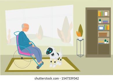 Robot Helps And Entertains The Old Man Flat Vector Illustration. Robot Assistant For Handicapped, Futuristic Elderly Care Concept. Replacement Of Human Labor, Medicine Automation.