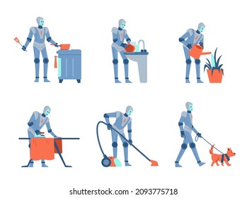 Robot helps with household, flat vector illustration isolated on white background. Set od cartoon character of future technologies cooks, washes dishes, irons and waters plants.