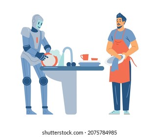 Robot helps man to wash dishes in the kitchen, flat vector illustration isolated on white background. Smart and futuristic artificial intelligence in daily routine.