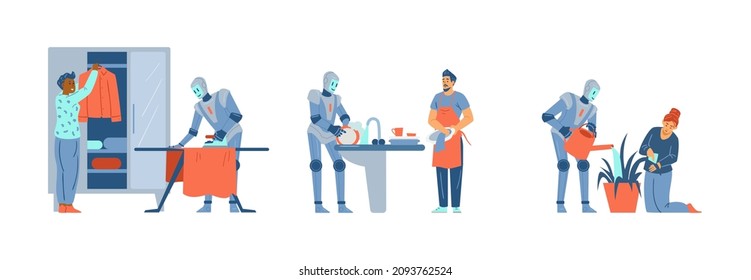Robot ayuda a la gente con la limpieza, ilustración vectorial plana aislada en fondo blanco. Máquina futurista robótica para las tareas domésticas y la asistencia domiciliaria.