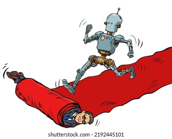 Héroe robot en la alfombra roja del estreno de la película. El ganador sigue adelante, el hombre es el sirviente. Dibujo vectorial retro de arte pop estilo años 50 kitsch vintage