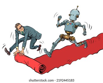 Robot Hero On The Red Carpet Carpet Of The Movie Premiere. The Winner Goes Ahead, Man Is The Servant. Pop Art Retro Vector Illustration 50s 60s Style Kitsch Vintage