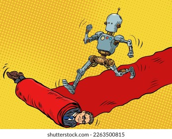 Robot hero on the red carpet carpet of the movie premiere. The winner goes ahead, man is the servant. Pop art retro vector illustration 50s 60s style kitsch vintage