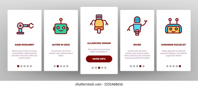 Robot High Technology Onboarding Mobile App Page Screen Vector Thin Line. Modern Electronic Robot, Smartphone Chatbot And Computer Support Concept Linear . Illustrations