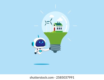 Robot hold home with and clean energy windmill on Light bulb. Green energy technology. Flat vector illustration. 