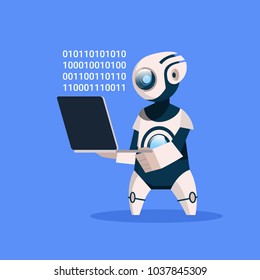 Robot Hold Laptop Coding On Blue Background Concept Modern Artificial Intelligence Technology Flat Vector Illustration