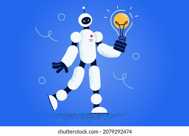 Robot hold lightbulb develop innovative business idea or strategy. Robotic humanoid brainstorm show artificial intelligence. Innovation and science concept. Chat bot. vector illustration. 